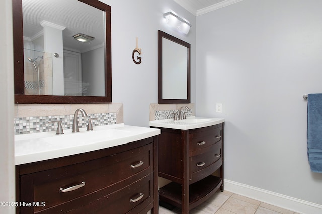 bathroom featuring walk in shower, vanity, tile patterned floors, ornamental molding, and decorative backsplash