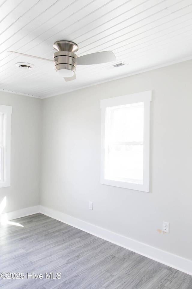 unfurnished room with wood-type flooring and wooden ceiling