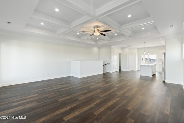 unfurnished living room featuring beam ceiling, dark hardwood / wood-style flooring, and coffered ceiling