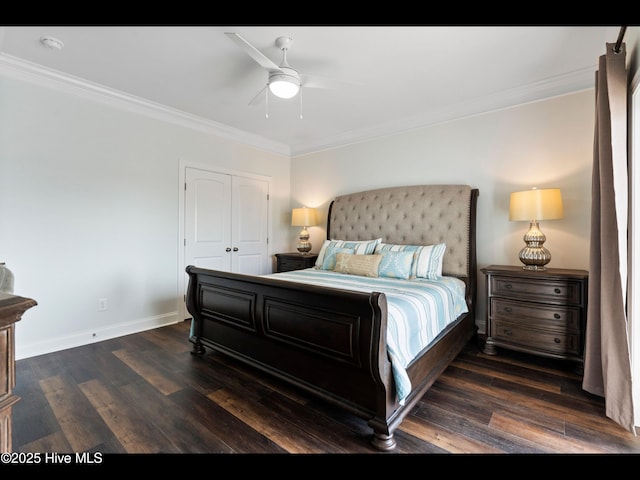 2083 New River Inlet Rd Unit A, North Topsail Beach, NC 28460 - bedroom featuring crown molding, wood finished floors, baseboards, a closet, and ceiling fan