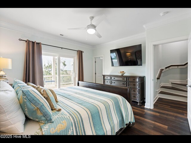 2083 New River Inlet Rd Unit A, North Topsail Beach, NC 28460 - bedroom with access to outside, dark wood finished floors, ornamental molding, baseboards, and a ceiling fan