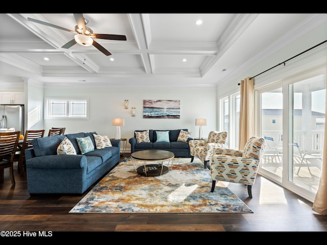 2083 New River Inlet Rd Unit A, North Topsail Beach, NC 28460 - living room with dark wood-type flooring, beamed ceiling, coffered ceiling, crown molding, and ceiling fan
