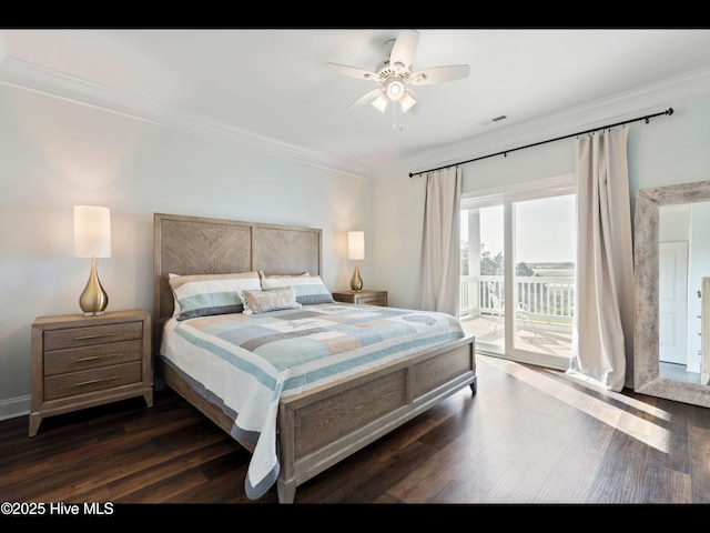 2083 New River Inlet Rd Unit A, North Topsail Beach, NC 28460 - bedroom with access to exterior, ornamental molding, dark wood-style flooring, and ceiling fan