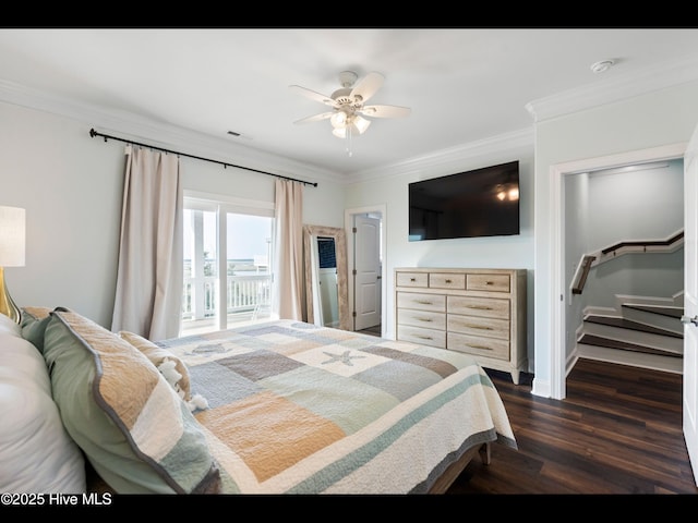 2083 New River Inlet Rd Unit A, North Topsail Beach, NC 28460 - bedroom featuring ornamental molding, access to exterior, dark wood-type flooring, baseboards, and a ceiling fan