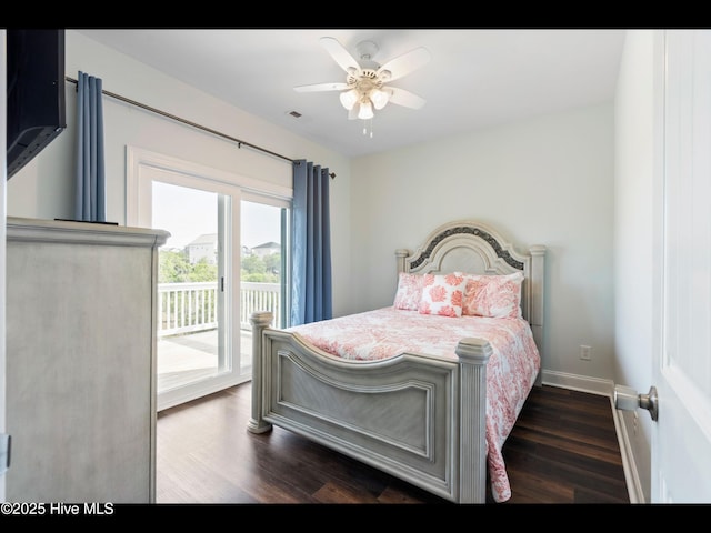 2083 New River Inlet Rd Unit A, North Topsail Beach, NC 28460 - bedroom featuring access to exterior, dark wood-style flooring, baseboards, and a ceiling fan
