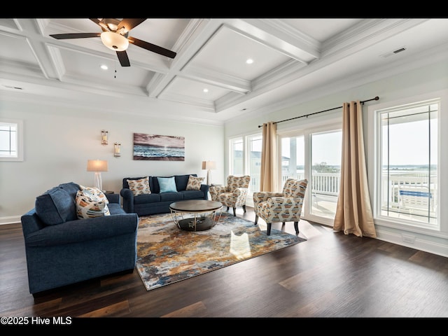 2083 New River Inlet Rd Unit A, North Topsail Beach, NC 28460 - living area with coffered ceiling, beamed ceiling, dark wood-style floors, ornamental molding, and ceiling fan