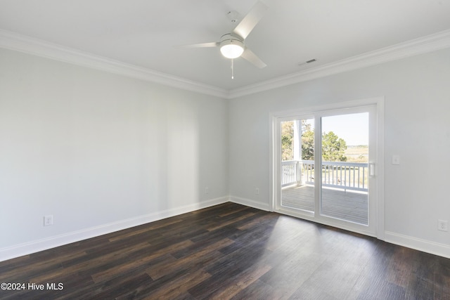 empty room with dark hardwood / wood-style floors, ceiling fan, and ornamental molding