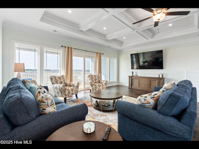 2083 New River Inlet Rd Unit A, North Topsail Beach, NC 28460 - living room featuring coffered ceiling, beamed ceiling, crown molding, wood finished floors, and a ceiling fan