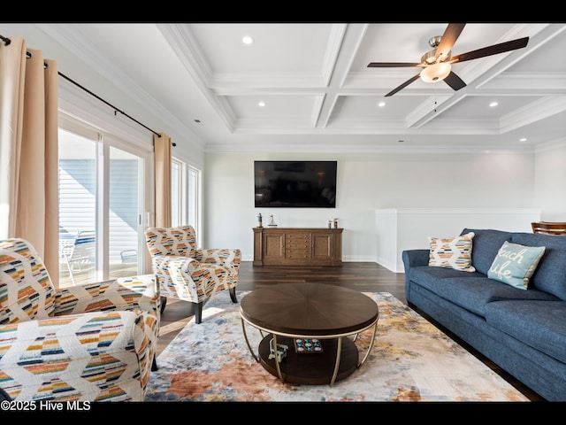 2083 New River Inlet Rd Unit A, North Topsail Beach, NC 28460 - living room with wood finished floors, beam ceiling, a ceiling fan, coffered ceiling, and crown molding