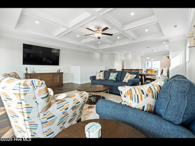2083 New River Inlet Rd Unit A, North Topsail Beach, NC 28460 - living area with coffered ceiling, crown molding, recessed lighting, beamed ceiling, and a ceiling fan