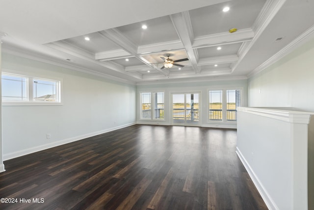 unfurnished living room featuring beamed ceiling, dark wood-type flooring, coffered ceiling, and ornamental molding