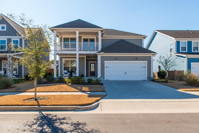 view of front of home with a balcony and a garage