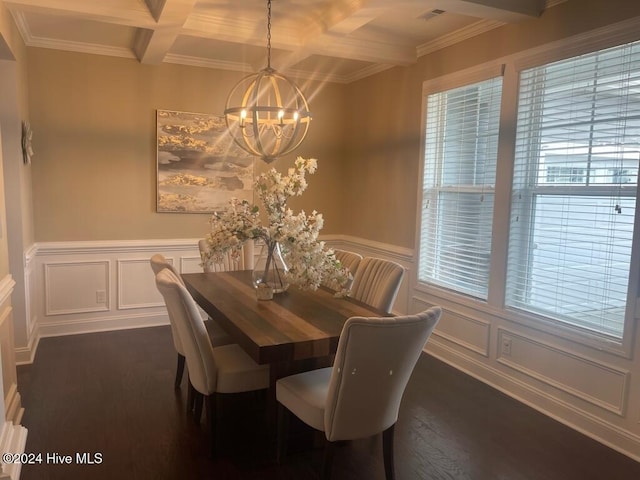 dining space with ornamental molding, coffered ceiling, dark wood-type flooring, an inviting chandelier, and beamed ceiling