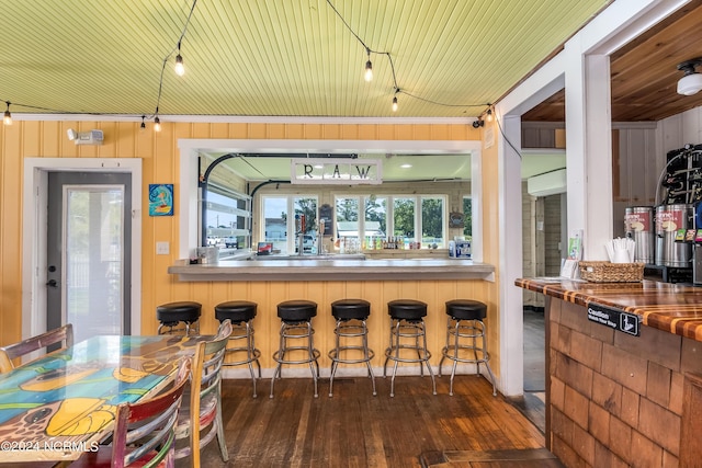 kitchen with wood walls and dark hardwood / wood-style floors