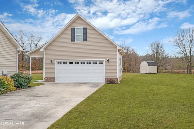 view of side of property featuring a storage shed and a lawn