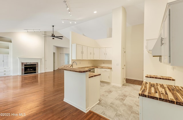3882 White Blossom Cir, Southport, NC 28461 - kitchen with ceiling fan, track lighting, a peninsula, white cabinets, and wooden counters