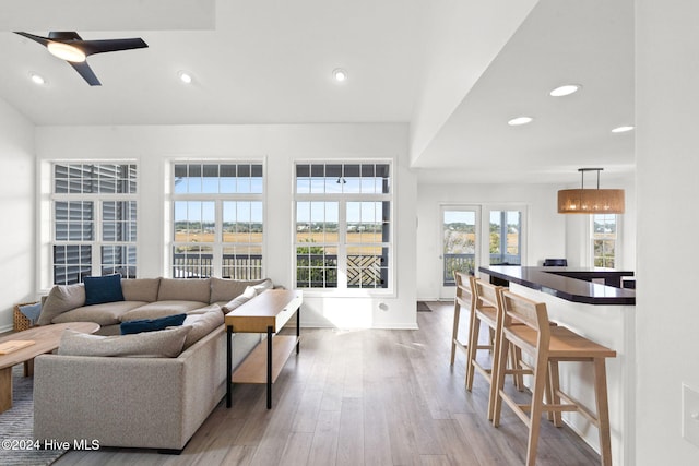 living room featuring light hardwood / wood-style floors and ceiling fan