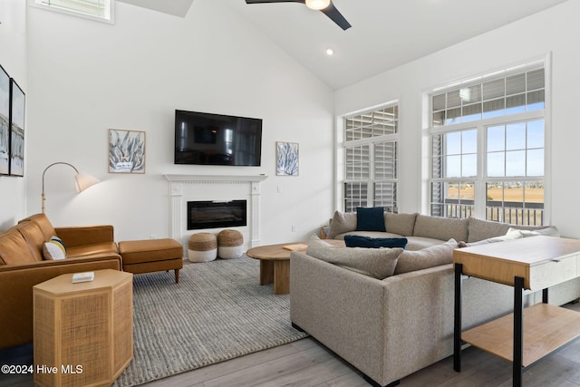 living room featuring high vaulted ceiling, light hardwood / wood-style flooring, and ceiling fan