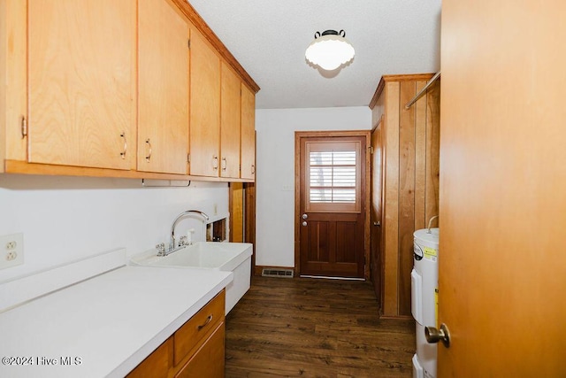 washroom featuring sink, cabinets, electric water heater, and dark wood-type flooring