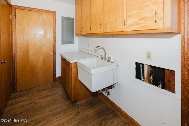 kitchen featuring electric panel, sink, and dark hardwood / wood-style flooring