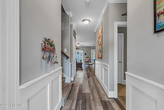 hallway featuring stairs, wood finished floors, and crown molding