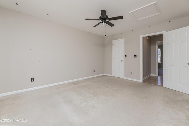 unfurnished bedroom featuring light colored carpet and ceiling fan