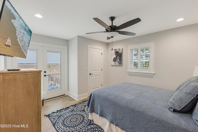 bedroom with ceiling fan, access to exterior, and light wood-type flooring