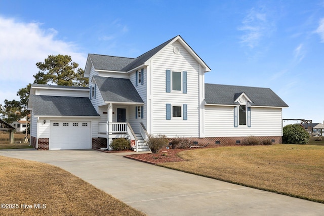 front facade with a front lawn and a garage