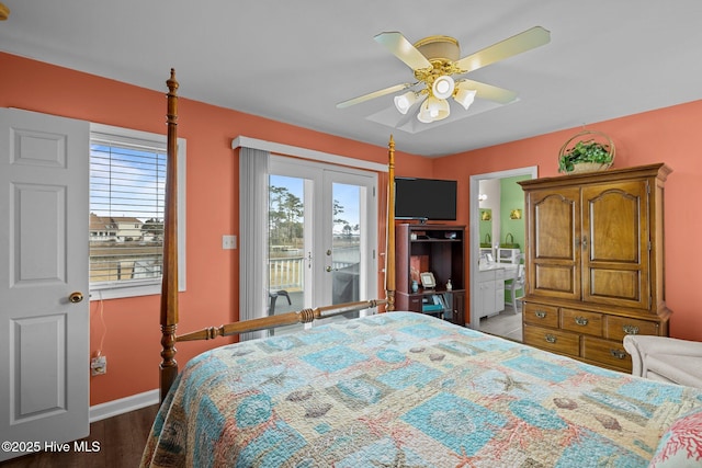 bedroom with access to exterior, hardwood / wood-style floors, french doors, and ceiling fan