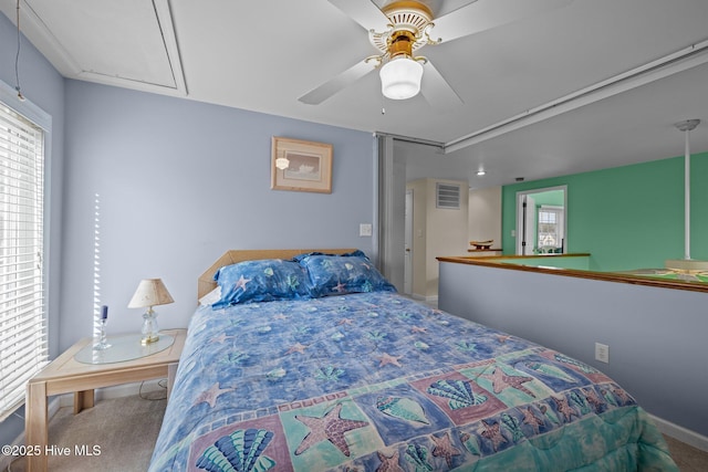 bedroom featuring carpet floors and ceiling fan