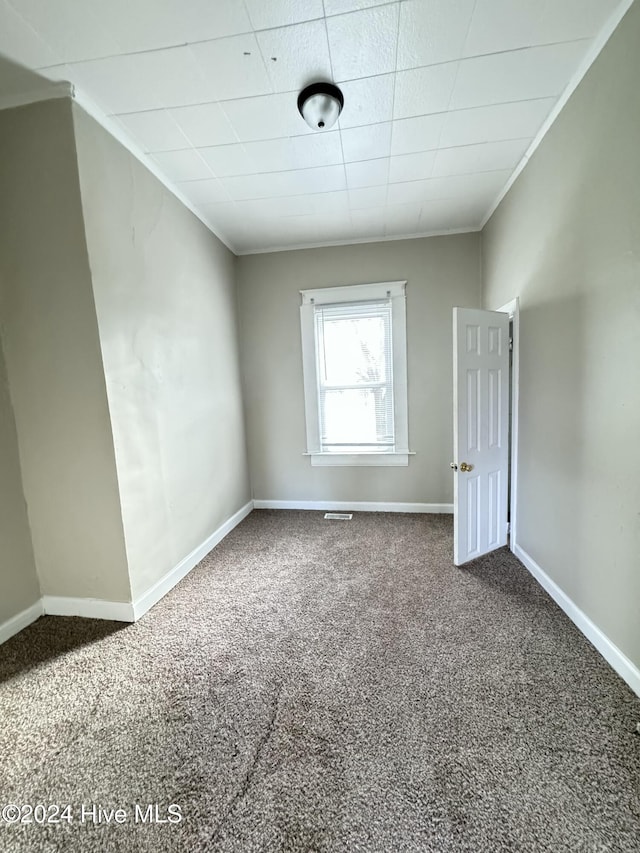 carpeted spare room featuring ornamental molding