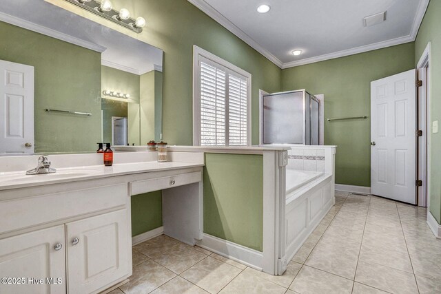 bathroom featuring tile patterned floors, ceiling fan, vanity, and ornamental molding