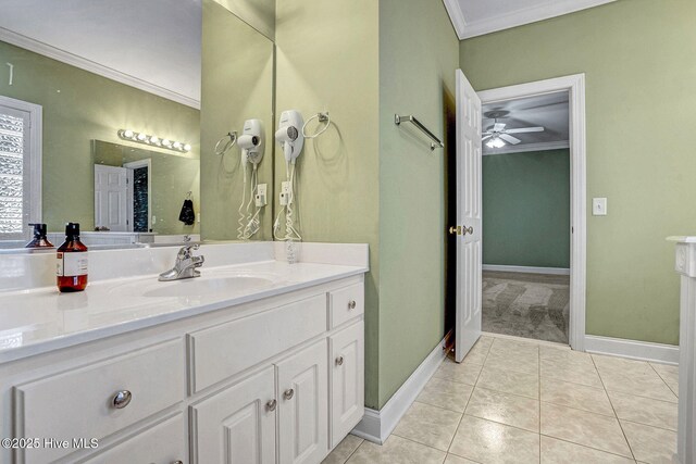 bathroom with tile patterned flooring, vanity, plus walk in shower, and ornamental molding