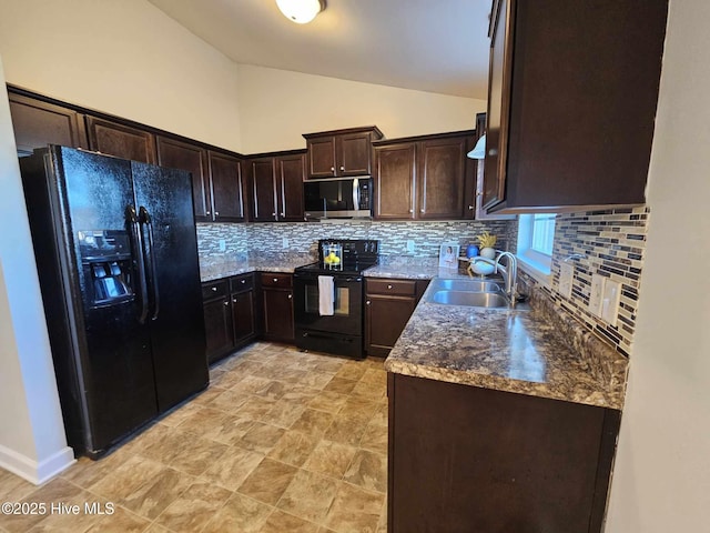 kitchen with dark brown cabinetry, sink, high vaulted ceiling, backsplash, and black appliances