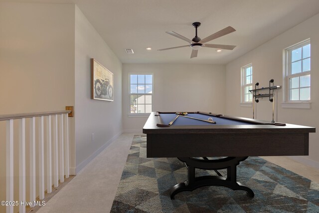 recreation room featuring ceiling fan, light colored carpet, and pool table