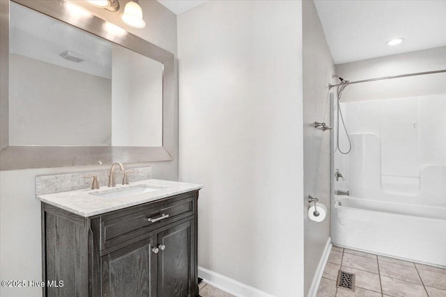 bathroom featuring tile patterned flooring, vanity, and washtub / shower combination