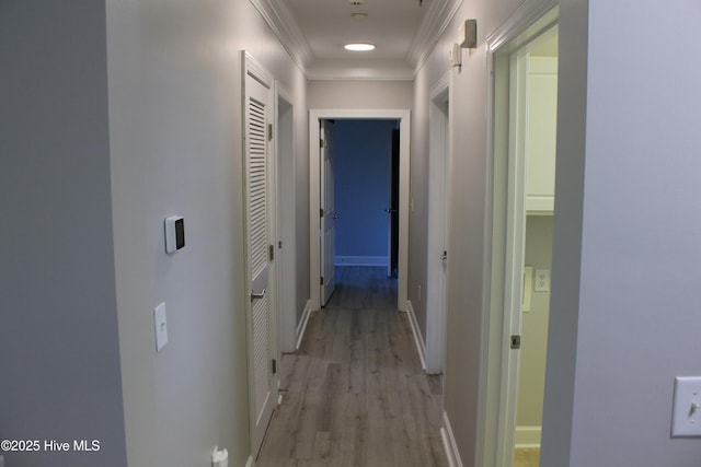 corridor with crown molding and light hardwood / wood-style flooring