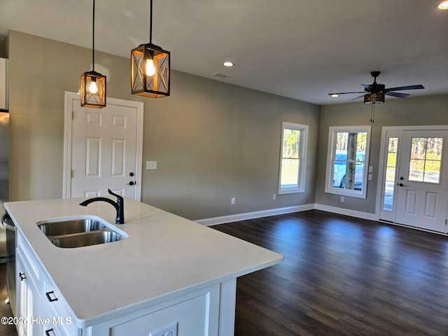 2587 Grifton Hugo Rd, Hookerton, NC 28538 - kitchen with a sink, recessed lighting, healthy amount of natural light, dark wood finished floors, and ceiling fan