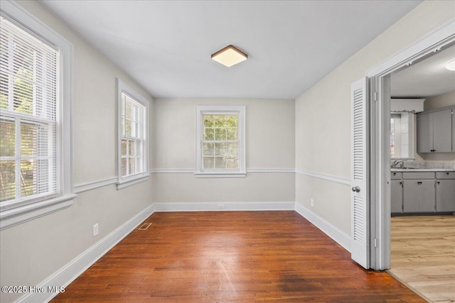 spare room with hardwood / wood-style floors and sink