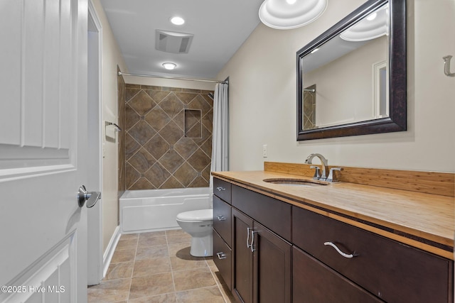 full bathroom featuring vanity, shower / bath combo, and toilet