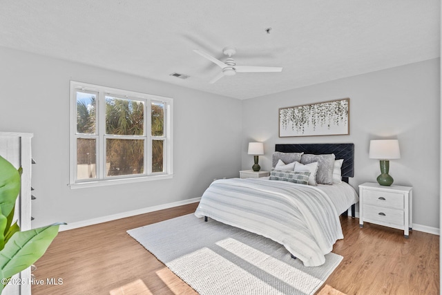 bedroom featuring ceiling fan and light wood-type flooring