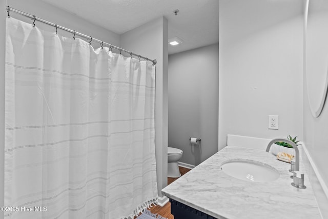 bathroom with vanity, a textured ceiling, and hardwood / wood-style flooring