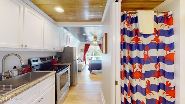 kitchen with wooden ceiling, white cabinets, stainless steel electric stove, sink, and light hardwood / wood-style flooring