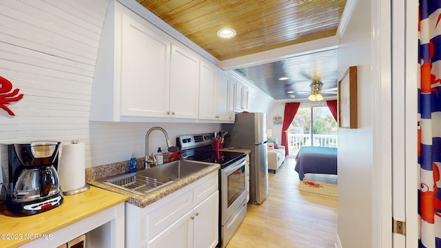 kitchen featuring stainless steel electric range, sink, ceiling fan, white cabinetry, and wood ceiling