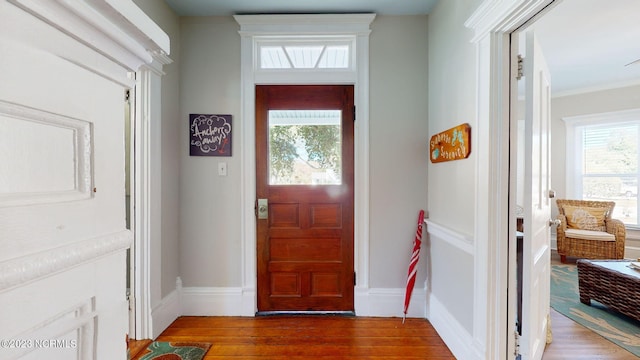 foyer with plenty of natural light and dark wood-type flooring