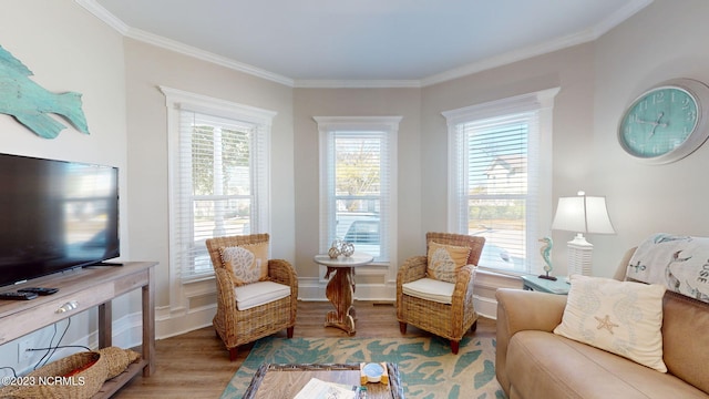 interior space featuring crown molding, plenty of natural light, and light hardwood / wood-style floors