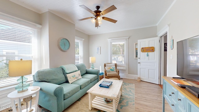 living room with ceiling fan, ornamental molding, and light hardwood / wood-style flooring