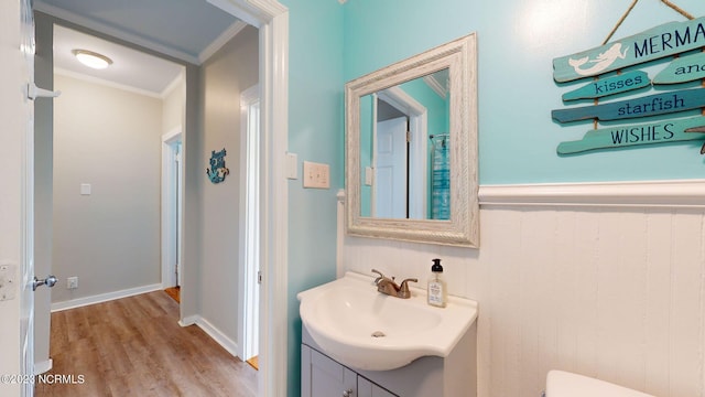 bathroom with wood-type flooring, vanity, and ornamental molding