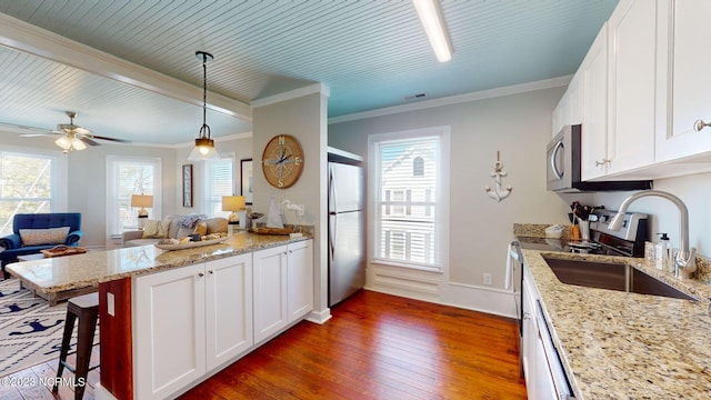 kitchen with white cabinetry, ceiling fan, dark hardwood / wood-style floors, decorative light fixtures, and appliances with stainless steel finishes