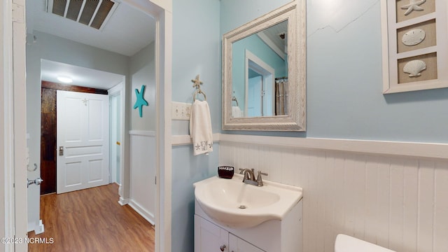 bathroom with wood-type flooring and vanity